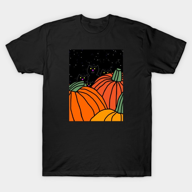 Night time in the Halloween pumpkin patch with four cats T-Shirt by ellenhenryart